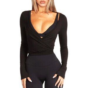 Women Long Sleeve Ballet Pilates Yoga Wrap Tie Front Tops Workout Gym Shirts Car